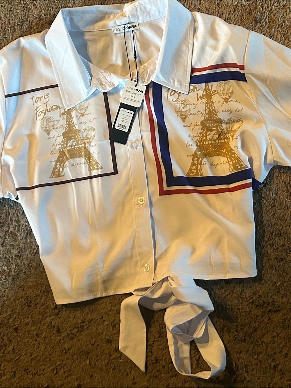 Fashion Nova White Tie-Front Shirt with Gold Eiffel Print and Red-Blue Trim